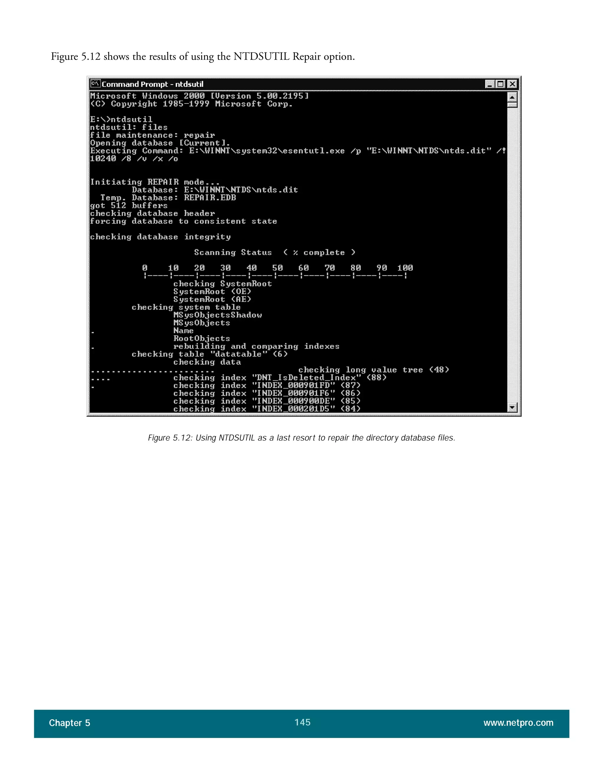 Chapter 5 www.netpro.com145
Figure 5.12 shows the results of using the NTDSUTIL Repair option.
Figure 5.12: Using NTDSUTIL as a last resort to repair the directory database files.
 