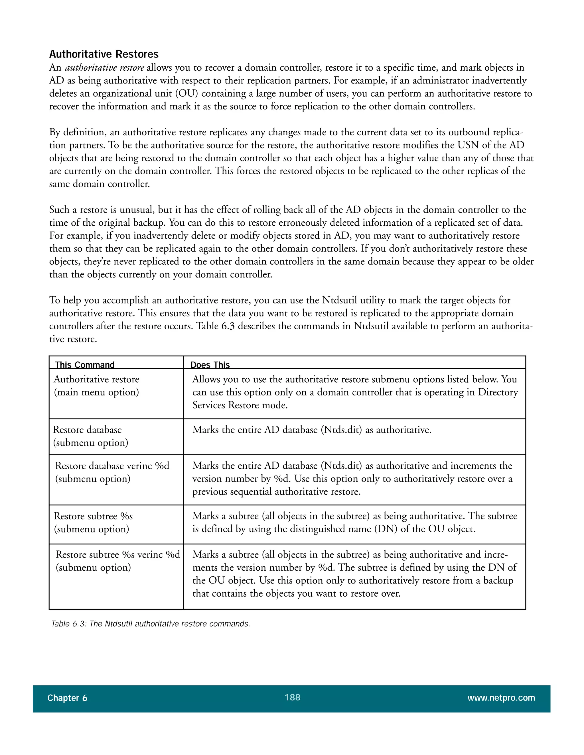 Chapter 6 www.netpro.com188
Authoritative Restores
An authoritative restore allows you to recover a domain controller, restore it to a specific time, and mark objects in
AD as being authoritative with respect to their replication partners. For example, if an administrator inadvertently
deletes an organizational unit (OU) containing a large number of users, you can perform an authoritative restore to
recover the information and mark it as the source to force replication to the other domain controllers.
By definition, an authoritative restore replicates any changes made to the current data set to its outbound replica-
tion partners. To be the authoritative source for the restore, the authoritative restore modifies the USN of the AD
objects that are being restored to the domain controller so that each object has a higher value than any of those that
are currently on the domain controller. This forces the restored objects to be replicated to the other replicas of the
same domain controller.
Such a restore is unusual, but it has the effect of rolling back all of the AD objects in the domain controller to the
time of the original backup. You can do this to restore erroneously deleted information of a replicated set of data.
For example, if you inadvertently delete or modify objects stored in AD, you may want to authoritatively restore
them so that they can be replicated again to the other domain controllers. If you don’t authoritatively restore these
objects, they’re never replicated to the other domain controllers in the same domain because they appear to be older
than the objects currently on your domain controller.
To help you accomplish an authoritative restore, you can use the Ntdsutil utility to mark the target objects for
authoritative restore. This ensures that the data you want to be restored is replicated to the appropriate domain
controllers after the restore occurs. Table 6.3 describes the commands in Ntdsutil available to perform an authorita-
tive restore.
This Command Does This
Authoritative restore
(main menu option)
Allows you to use the authoritative restore submenu options listed below. You
can use this option only on a domain controller that is operating in Directory
Services Restore mode.
Restore database
(submenu option)
Marks the entire AD database (Ntds.dit) as authoritative.
Restore database verinc %d
(submenu option)
Marks the entire AD database (Ntds.dit) as authoritative and increments the
version number by %d. Use this option only to authoritatively restore over a
previous sequential authoritative restore.
Restore subtree %s
(submenu option)
Marks a subtree (all objects in the subtree) as being authoritative. The subtree
is defined by using the distinguished name (DN) of the OU object.
Restore subtree %s verinc %d
(submenu option)
Marks a subtree (all objects in the subtree) as being authoritative and incre-
ments the version number by %d. The subtree is defined by using the DN of
the OU object. Use this option only to authoritatively restore from a backup
that contains the objects you want to restore over.
Table 6.3: The Ntdsutil authoritative restore commands.
 