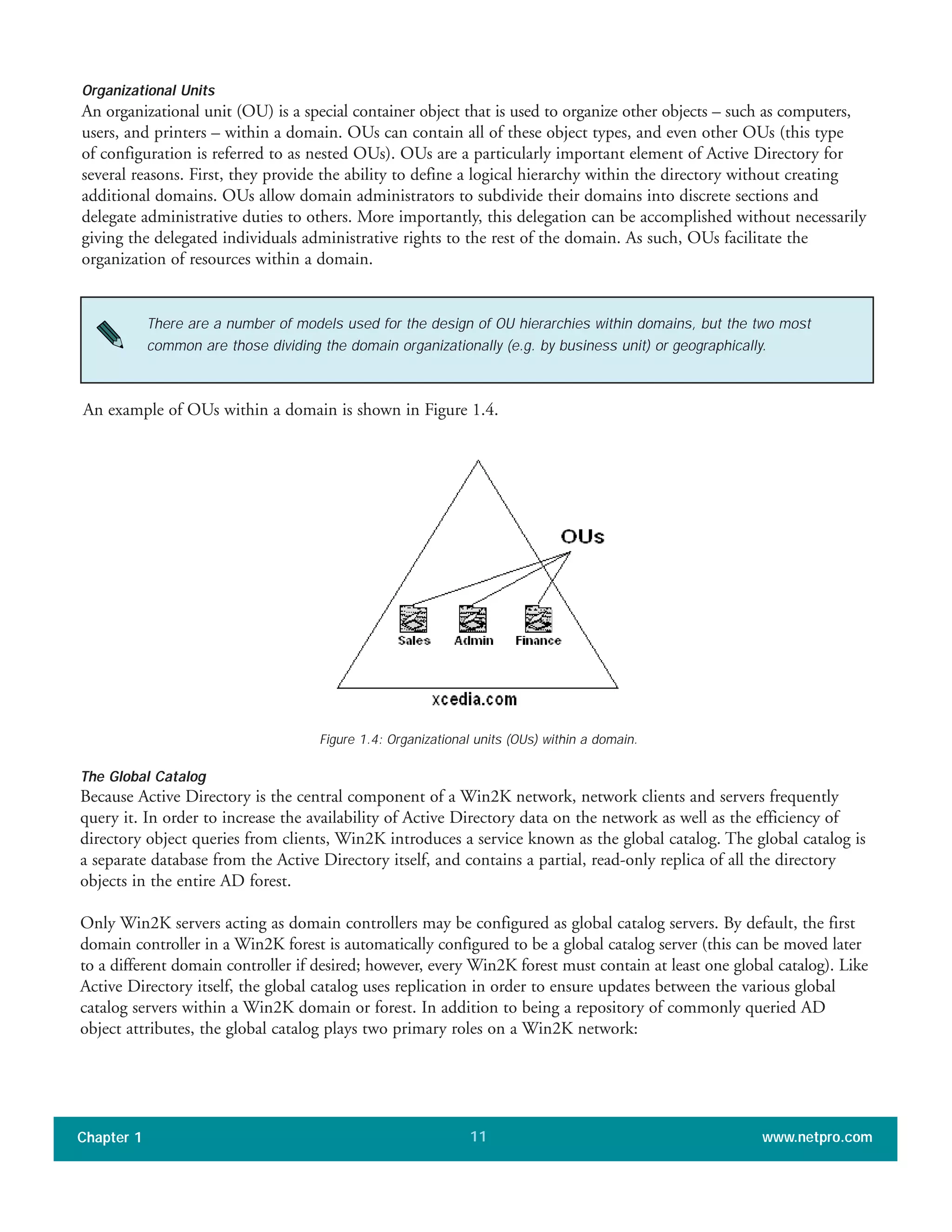 Organizational Units
An organizational unit (OU) is a special container object that is used to organize other objects – such as computers,
users, and printers – within a domain. OUs can contain all of these object types, and even other OUs (this type
of configuration is referred to as nested OUs). OUs are a particularly important element of Active Directory for
several reasons. First, they provide the ability to define a logical hierarchy within the directory without creating
additional domains. OUs allow domain administrators to subdivide their domains into discrete sections and
delegate administrative duties to others. More importantly, this delegation can be accomplished without necessarily
giving the delegated individuals administrative rights to the rest of the domain. As such, OUs facilitate the
organization of resources within a domain.
Chapter 1 www.netpro.com11
There are a number of models used for the design of OU hierarchies within domains, but the two most
common are those dividing the domain organizationally (e.g. by business unit) or geographically.
An example of OUs within a domain is shown in Figure 1.4.
Figure 1.4: Organizational units (OUs) within a domain.
The Global Catalog
Because Active Directory is the central component of a Win2K network, network clients and servers frequently
query it. In order to increase the availability of Active Directory data on the network as well as the efficiency of
directory object queries from clients, Win2K introduces a service known as the global catalog. The global catalog is
a separate database from the Active Directory itself, and contains a partial, read-only replica of all the directory
objects in the entire AD forest.
Only Win2K servers acting as domain controllers may be configured as global catalog servers. By default, the first
domain controller in a Win2K forest is automatically configured to be a global catalog server (this can be moved later
to a different domain controller if desired; however, every Win2K forest must contain at least one global catalog). Like
Active Directory itself, the global catalog uses replication in order to ensure updates between the various global
catalog servers within a Win2K domain or forest. In addition to being a repository of commonly queried AD
object attributes, the global catalog plays two primary roles on a Win2K network:
 