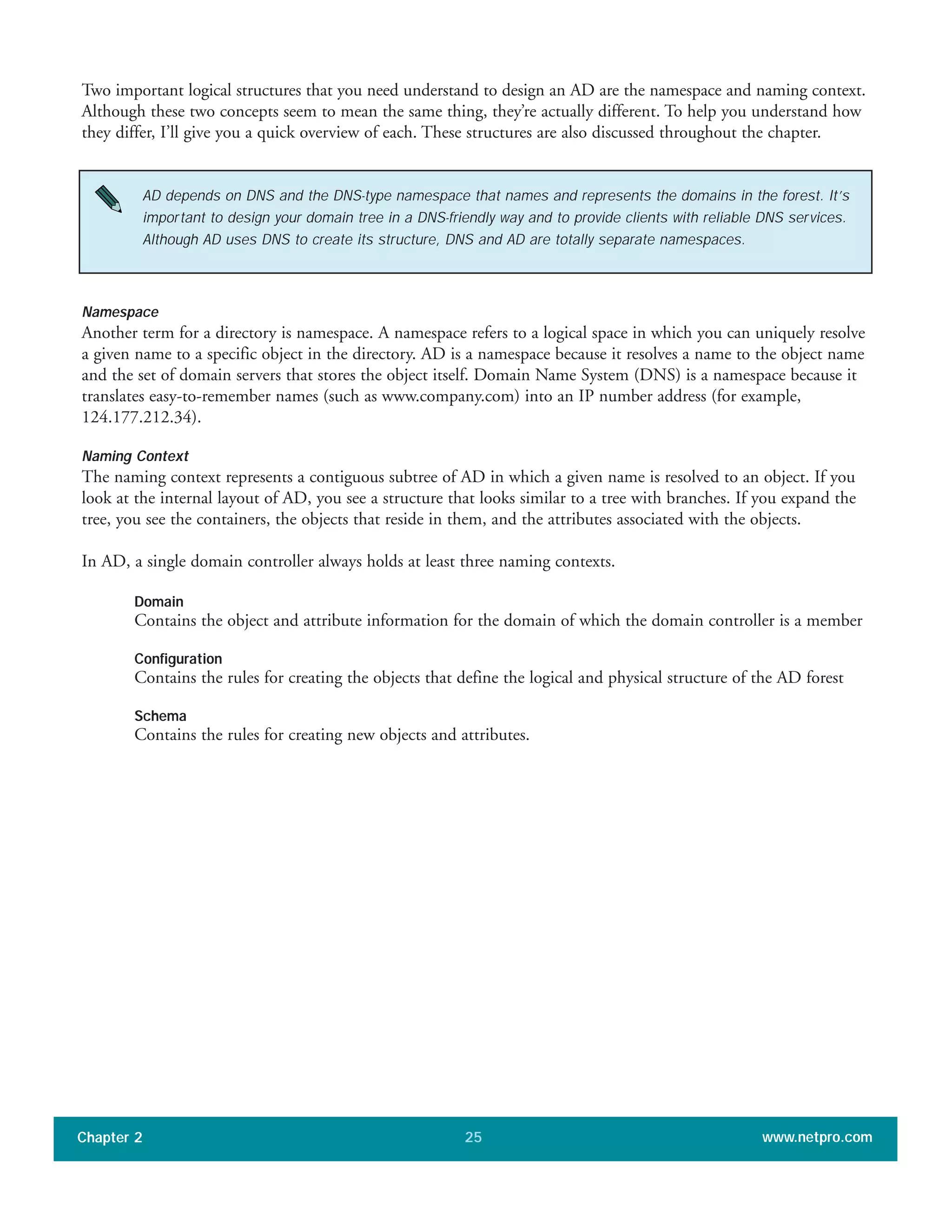 Two important logical structures that you need understand to design an AD are the namespace and naming context.
Although these two concepts seem to mean the same thing, they’re actually different. To help you understand how
they differ, I’ll give you a quick overview of each. These structures are also discussed throughout the chapter.
Namespace
Another term for a directory is namespace. A namespace refers to a logical space in which you can uniquely resolve
a given name to a specific object in the directory. AD is a namespace because it resolves a name to the object name
and the set of domain servers that stores the object itself. Domain Name System (DNS) is a namespace because it
translates easy-to-remember names (such as www.company.com) into an IP number address (for example,
124.177.212.34).
Naming Context
The naming context represents a contiguous subtree of AD in which a given name is resolved to an object. If you
look at the internal layout of AD, you see a structure that looks similar to a tree with branches. If you expand the
tree, you see the containers, the objects that reside in them, and the attributes associated with the objects.
In AD, a single domain controller always holds at least three naming contexts.
Domain
Contains the object and attribute information for the domain of which the domain controller is a member
Configuration
Contains the rules for creating the objects that define the logical and physical structure of the AD forest
Schema
Contains the rules for creating new objects and attributes.
Chapter 2 www.netpro.com25
AD depends on DNS and the DNS-type namespace that names and represents the domains in the forest. It’s
important to design your domain tree in a DNS-friendly way and to provide clients with reliable DNS services.
Although AD uses DNS to create its structure, DNS and AD are totally separate namespaces.
 
