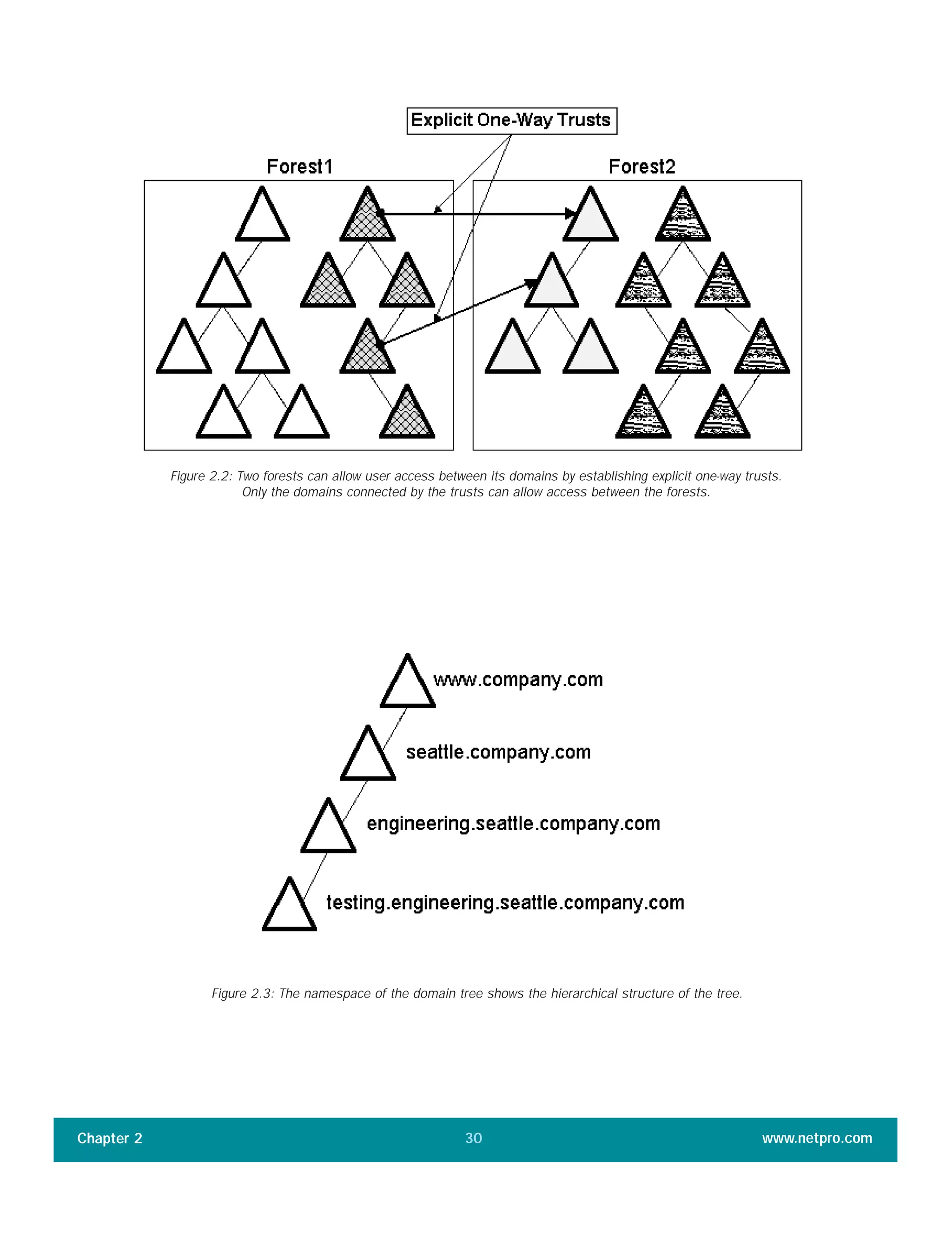 Chapter 2 www.netpro.com30
Figure 2.2: Two forests can allow user access between its domains by establishing explicit one-way trusts.
Only the domains connected by the trusts can allow access between the forests.
Figure 2.3: The namespace of the domain tree shows the hierarchical structure of the tree.
 