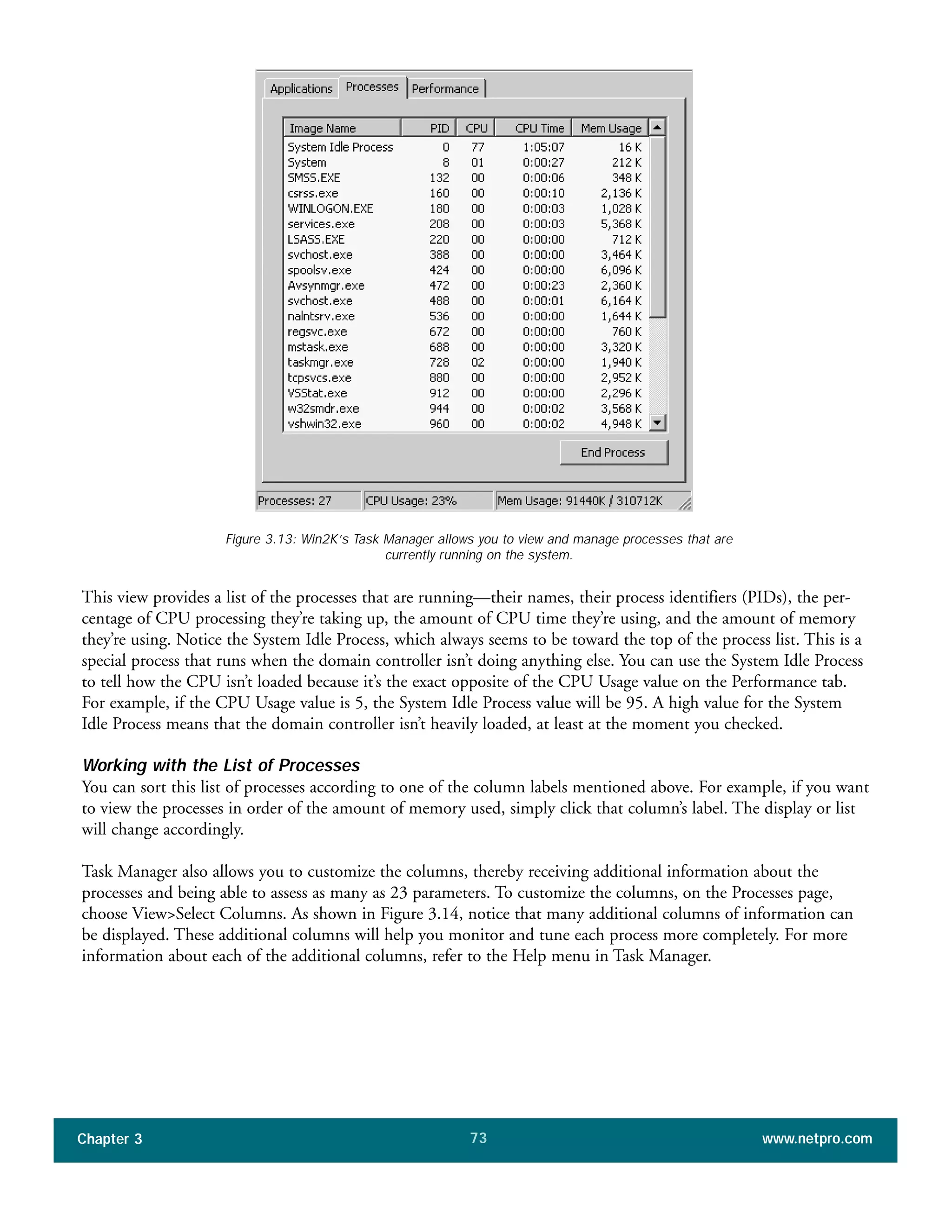 This view provides a list of the processes that are running—their names, their process identifiers (PIDs), the per-
centage of CPU processing they’re taking up, the amount of CPU time they’re using, and the amount of memory
they’re using. Notice the System Idle Process, which always seems to be toward the top of the process list. This is a
special process that runs when the domain controller isn’t doing anything else. You can use the System Idle Process
to tell how the CPU isn’t loaded because it’s the exact opposite of the CPU Usage value on the Performance tab.
For example, if the CPU Usage value is 5, the System Idle Process value will be 95. A high value for the System
Idle Process means that the domain controller isn’t heavily loaded, at least at the moment you checked.
Working with the List of Processes
You can sort this list of processes according to one of the column labels mentioned above. For example, if you want
to view the processes in order of the amount of memory used, simply click that column’s label. The display or list
will change accordingly.
Task Manager also allows you to customize the columns, thereby receiving additional information about the
processes and being able to assess as many as 23 parameters. To customize the columns, on the Processes page,
choose View>Select Columns. As shown in Figure 3.14, notice that many additional columns of information can
be displayed. These additional columns will help you monitor and tune each process more completely. For more
information about each of the additional columns, refer to the Help menu in Task Manager.
Chapter 3 www.netpro.com73
Figure 3.13: Win2K’s Task Manager allows you to view and manage processes that are
currently running on the system.
 