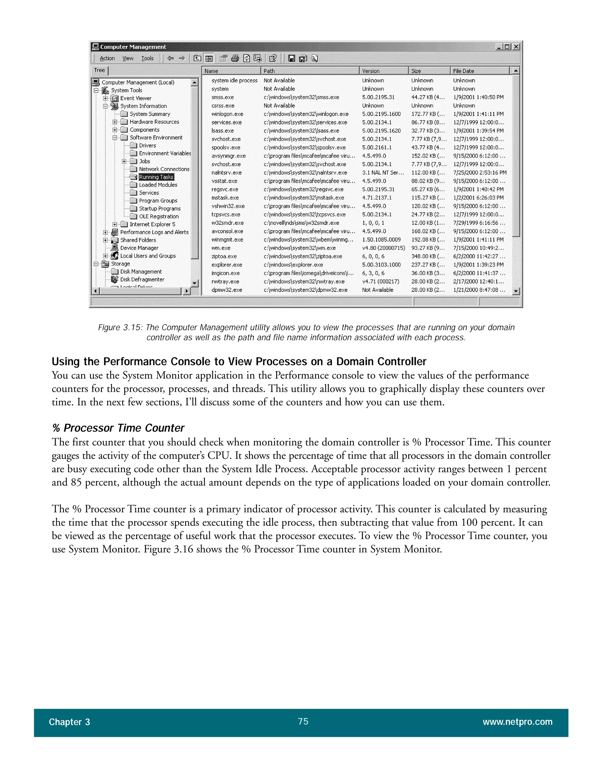 Using the Performance Console to View Processes on a Domain Controller
You can use the System Monitor application in the Performance console to view the values of the performance
counters for the processor, processes, and threads. This utility allows you to graphically display these counters over
time. In the next few sections, I’ll discuss some of the counters and how you can use them.
% Processor Time Counter
The first counter that you should check when monitoring the domain controller is % Processor Time. This counter
gauges the activity of the computer’s CPU. It shows the percentage of time that all processors in the domain controller
are busy executing code other than the System Idle Process. Acceptable processor activity ranges between 1 percent
and 85 percent, although the actual amount depends on the type of applications loaded on your domain controller.
The % Processor Time counter is a primary indicator of processor activity. This counter is calculated by measuring
the time that the processor spends executing the idle process, then subtracting that value from 100 percent. It can
be viewed as the percentage of useful work that the processor executes. To view the % Processor Time counter, you
use System Monitor. Figure 3.16 shows the % Processor Time counter in System Monitor.
Chapter 3 www.netpro.com75
Figure 3.15: The Computer Management utility allows you to view the processes that are running on your domain
controller as well as the path and file name information associated with each process.
 