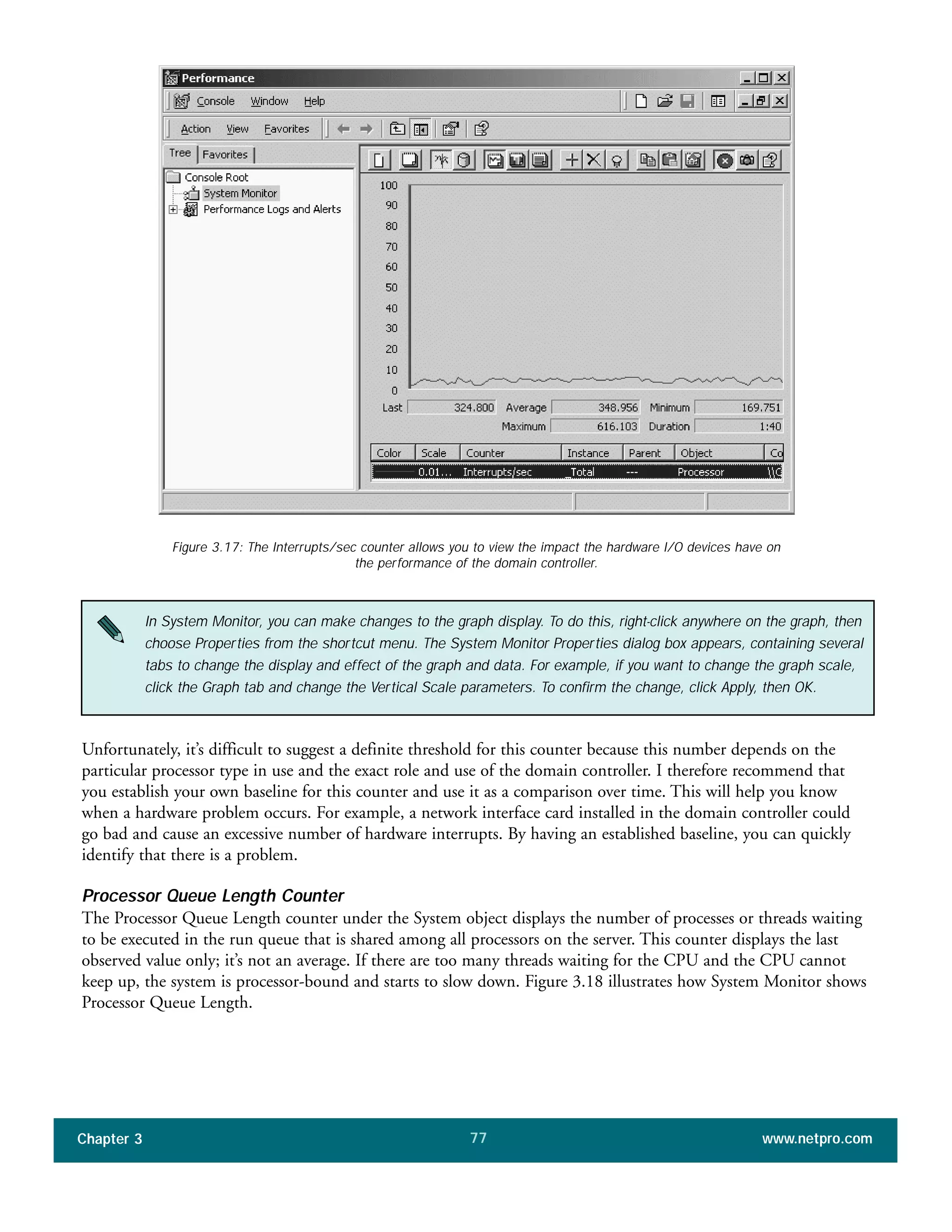 Unfortunately, it’s difficult to suggest a definite threshold for this counter because this number depends on the
particular processor type in use and the exact role and use of the domain controller. I therefore recommend that
you establish your own baseline for this counter and use it as a comparison over time. This will help you know
when a hardware problem occurs. For example, a network interface card installed in the domain controller could
go bad and cause an excessive number of hardware interrupts. By having an established baseline, you can quickly
identify that there is a problem.
Processor Queue Length Counter
The Processor Queue Length counter under the System object displays the number of processes or threads waiting
to be executed in the run queue that is shared among all processors on the server. This counter displays the last
observed value only; it’s not an average. If there are too many threads waiting for the CPU and the CPU cannot
keep up, the system is processor-bound and starts to slow down. Figure 3.18 illustrates how System Monitor shows
Processor Queue Length.
Chapter 3 www.netpro.com77
Figure 3.17: The Interrupts/sec counter allows you to view the impact the hardware I/O devices have on
the performance of the domain controller.
In System Monitor, you can make changes to the graph display. To do this, right-click anywhere on the graph, then
choose Properties from the shortcut menu. The System Monitor Properties dialog box appears, containing several
tabs to change the display and effect of the graph and data. For example, if you want to change the graph scale,
click the Graph tab and change the Vertical Scale parameters. To confirm the change, click Apply, then OK.
 