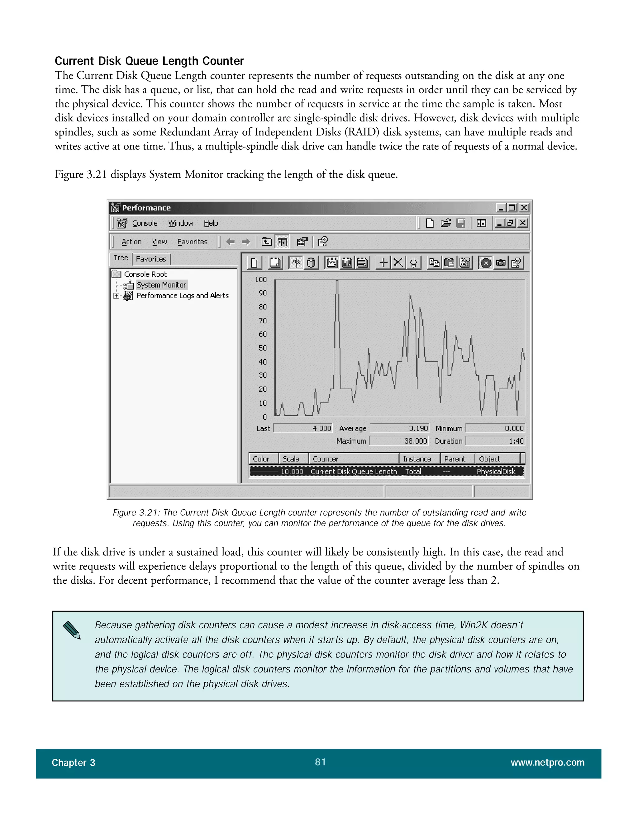 Current Disk Queue Length Counter
The Current Disk Queue Length counter represents the number of requests outstanding on the disk at any one
time. The disk has a queue, or list, that can hold the read and write requests in order until they can be serviced by
the physical device. This counter shows the number of requests in service at the time the sample is taken. Most
disk devices installed on your domain controller are single-spindle disk drives. However, disk devices with multiple
spindles, such as some Redundant Array of Independent Disks (RAID) disk systems, can have multiple reads and
writes active at one time. Thus, a multiple-spindle disk drive can handle twice the rate of requests of a normal device.
Figure 3.21 displays System Monitor tracking the length of the disk queue.
Chapter 3 www.netpro.com81
Figure 3.21: The Current Disk Queue Length counter represents the number of outstanding read and write
requests. Using this counter, you can monitor the performance of the queue for the disk drives.
If the disk drive is under a sustained load, this counter will likely be consistently high. In this case, the read and
write requests will experience delays proportional to the length of this queue, divided by the number of spindles on
the disks. For decent performance, I recommend that the value of the counter average less than 2.
Because gathering disk counters can cause a modest increase in disk-access time, Win2K doesn’t
automatically activate all the disk counters when it starts up. By default, the physical disk counters are on,
and the logical disk counters are off. The physical disk counters monitor the disk driver and how it relates to
the physical device. The logical disk counters monitor the information for the partitions and volumes that have
been established on the physical disk drives.
 