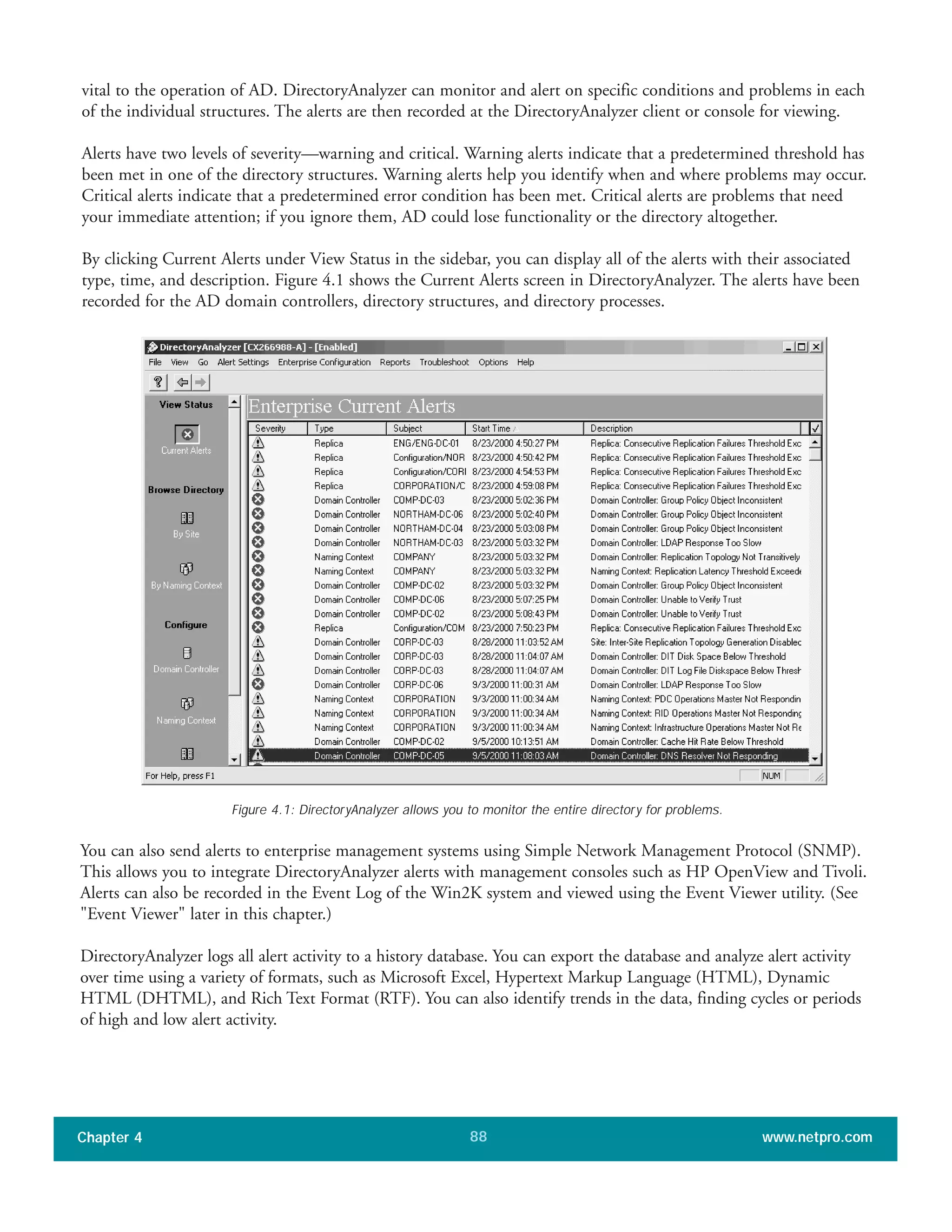 vital to the operation of AD. DirectoryAnalyzer can monitor and alert on specific conditions and problems in each
of the individual structures. The alerts are then recorded at the DirectoryAnalyzer client or console for viewing.
Alerts have two levels of severity—warning and critical. Warning alerts indicate that a predetermined threshold has
been met in one of the directory structures. Warning alerts help you identify when and where problems may occur.
Critical alerts indicate that a predetermined error condition has been met. Critical alerts are problems that need
your immediate attention; if you ignore them, AD could lose functionality or the directory altogether.
By clicking Current Alerts under View Status in the sidebar, you can display all of the alerts with their associated
type, time, and description. Figure 4.1 shows the Current Alerts screen in DirectoryAnalyzer. The alerts have been
recorded for the AD domain controllers, directory structures, and directory processes.
Chapter 4 www.netpro.com88
Figure 4.1: DirectoryAnalyzer allows you to monitor the entire directory for problems.
You can also send alerts to enterprise management systems using Simple Network Management Protocol (SNMP).
This allows you to integrate DirectoryAnalyzer alerts with management consoles such as HP OpenView and Tivoli.
Alerts can also be recorded in the Event Log of the Win2K system and viewed using the Event Viewer utility. (See
"Event Viewer" later in this chapter.)
DirectoryAnalyzer logs all alert activity to a history database. You can export the database and analyze alert activity
over time using a variety of formats, such as Microsoft Excel, Hypertext Markup Language (HTML), Dynamic
HTML (DHTML), and Rich Text Format (RTF). You can also identify trends in the data, finding cycles or periods
of high and low alert activity.
 