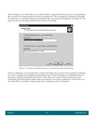 Chapter 6 www.netpro.com169
Another dialog box (not shown) allows you to specify whether to append the backed-up data to an existing backup
file or to replace the existing backup file with the new backup data. The next dialog box, the Backup Label dialog
box, allows you to customize the backup and media labels that are stored with the backup file. (See Figure 6.7.) To
make your life easier, the labels include the date and time of the backup.
In the next dialog box, you can decide when to perform the backup. You can choose Now to perform it immediate-
ly or Later to schedule a time (preferably during off-peak hours) to have the backup run. (Scheduled backups are
discussed in "Backing Up Using Manual Selection" below. After you’ve selected all the advanced options, the
Completing the Backup dialog box appears again and summarizes your backup configuration. Click Finish to run
the backup. When it completes, a backup status report is displayed, as shown in Figure 6.8.
Figure 6.7: The Backup Label dialog box allows you to customize the backup and media labels.
 