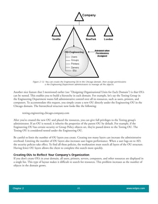 Another nice feature that I mentioned earlier (see "Designing Organizational Units for Each Domain") is that OUs
can be nested. This enables you to build a hierarchy in each domain. For example, let’s say the Testing Group in
the Engineering Department wants full administrative control over all its resources, such as users, printers, and
computers. To accommodate this request, you simply create a new OU directly under the Engineering OU in the
Chicago domain. The hierarchical structure now looks like the following:
testing.engineering.chicago.company.com
After you’ve created the new OU and placed the resources, you can give full privileges to the Testing group’s
administrator. If an OU is nested, it inherits the properties of the parent OU by default. For example, if the
Engineering OU has certain security or Group Policy objects set, they’re passed down to the Testing OU. The
Testing OU is considered nested under the Engineering OU.
Be careful to limit the number of OU layers you create. Creating too many layers can increase the administrative
overhead. Limiting the number of OU layers also increases user logon performance. When a user logs on to AD,
the security policies take effect. To find all these policies, the workstation must search all layers of the OU structure.
Having fewer OU layers allows the client to complete this search more quickly.
Creating OUs to Reflect Your Company’s Organization
If you don’t create OUs in your domain, all users, printers, servers, computers, and other resources are displayed in
a single list. This type of layout makes it difficult to search for resources. This problem increases as the number of
objects in the domain grows.
Chapter 2 www.netpro.com45
Figure 2.12: You can create the Engineering OU in the Chicago domain, then assign permissions
o the Engineering Department administrators to manage all the objects.
 