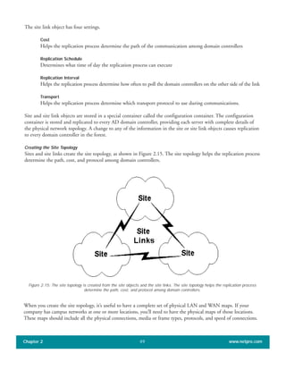 The site link object has four settings.
Cost
Helps the replication process determine the path of the communication among domain controllers
Replication Schedule
Determines what time of day the replication process can execute
Replication Interval
Helps the replication process determine how often to poll the domain controllers on the other side of the link
Transport
Helps the replication process determine which transport protocol to use during communications.
Site and site link objects are stored in a special container called the configuration container. The configuration
container is stored and replicated to every AD domain controller, providing each server with complete details of
the physical network topology. A change to any of the information in the site or site link objects causes replication
to every domain controller in the forest.
Creating the Site Topology
Sites and site links create the site topology, as shown in Figure 2.15. The site topology helps the replication process
determine the path, cost, and protocol among domain controllers.
Chapter 2 www.netpro.com49
Figure 2.15: The site topology is created from the site objects and the site links. The site topology helps the replication process
determine the path, cost, and protocol among domain controllers.
When you create the site topology, it’s useful to have a complete set of physical LAN and WAN maps. If your
company has campus networks at one or more locations, you’ll need to have the physical maps of those locations.
These maps should include all the physical connections, media or frame types, protocols, and speed of connections.
 