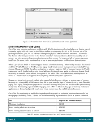 Monitoring Memory and Cache
One of the most common performance problems with Win2K domain controllers (and all servers, for that matter)
is excessive paging, which is caused by insufficient random access memory (RAM). In this situation, one of the
greatest performance gains you can achieve is adding more physical RAM to a system. Therefore, I recommend
that the first subsystem you monitor be the domain controller’s memory and cache. Problems caused by lack of
memory can often appear to be problems in other parts of the system. For instance, a lack of memory can cause
insufficient file system cache, which can lead to and be seen as a performance problem in the disk subsystem.
Before I give you the details of monitoring your domain controller’s memory, I’ll first briefly introduce the memory
model for Win2K. Memory in Win2K provides a page-based virtual memory management scheme (called Virtual
Memory Manager, or VMM) that allows applications to address 4 gigabytes (GB) of memory. Memory in Win2K
is able to do exactly that by implementing virtual addresses. Each application is able to reference a physical chunk
of memory, at a specific virtual address, throughout its life. VMM takes care of whether the memory should be
moved to a new location or swapped to disk completely independently of the application.
Because everything in the system is realized using pages of physical memory, it’s easy to see that pages of memory
become scarce rather quickly. VMM uses the hard disk to store unneeded pages of memory in one or more files called
paging files. Paging files represent pages of data that aren’t currently being used but may be needed spontaneously
at any time. By swapping pages to and from paging files, VMM is able to make pages of memory available to
applications on demand and provide much more virtual memory than the available physical memory.
One of the first monitoring or troubleshooting tasks you’ll carry out is to verify that your domain controller has
enough physical memory. Table 3.1 shows the minimum memory requirements for a Win2K domain controller.
Chapter 3 www.netpro.com62
Figure 3.6: The events in Event Viewer can be exported for use with various applications.
This
Minimum Installation
Server running a basic set of services
Server running an expanded set of services
Requires this amount of memory
64 MB
128 MB
512 MB
Table 3.1: Minimum memory requirements for a Win2K domain controller.
 