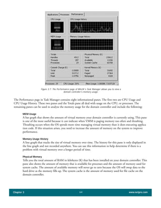 The Performance page in Task Manager contains eight informational panes. The first two are CPU Usage and
CPU Usage History. These two panes and the Totals pane all deal with usage on the CPU, or processor. The
remaining panes can be used to analyze the memory usage for the domain controller and include the following:
MEM Usage
A bar graph that shows the amount of virtual memory your domain controller is currently using. This pane
is one of the most useful because it can indicate when VMM is paging memory too often and thrashing.
Thrashing occurs when the OS spends more time managing virtual memory than it does executing applica
tion code. If this situation arises, you need to increase the amount of memory on the system to improve
performance.
Memory Usage History
A line graph that tracks the size of virtual memory over time. The history for this pane is only displayed in
the line graph and not recorded anywhere. You can use this information to help determine if there is a
problem with virtual memory over a longer period of time.
Physical Memory
Tells you the total amount of RAM in kilobytes (K) that has been installed on your domain controller. This
pane also shows the amount of memory that is available for processes and the amount of memory used for
system cache. The amount of available memory will never go to zero because the OS will swap data to the
hard drive as the memory fills up. The system cache is the amount of memory used for file cache on the
domain controller.
Chapter 3 www.netpro.com64
Figure 3.7: The Performance page of Win2K’s Task Manager allows you to view a
domain controller’s memory usage.
 