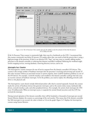 If the % Processor Time counter is consistently high, there may be a bottleneck on the CPU. I recommend that
this counter consistently stay below 85 percent. If it pushes above that, you need to find the process that is using a
high percentage of the processor. If there is no obvious CPU "hog," you may want to consider adding another
processor to the domain controller or reducing that domain controller’s workload. Reducing the workload might
involve stopping services, moving databases, removing directory services, and so on.
Interrupts/sec Counter
The Interrupts/sec counter measures the rate of service requests from the domain controller’s I/O devices. This
counter is the average number of hardware interrupts that the processor is receiving and servicing each second. If
this value increases without an associated increase in system response, there could be hardware problems on one of
the I/O devices. For example, a network interface card installed in the domain controller could go bad and cause
an excessive amount of hardware interrupts. To fix the problem, you need to replace the offending network card’s
driver or the physical card.
The Interrupts/sec count doesn’t include deferred procedure calls; they’re counted separately. Instead, this counter
tracks the activity of hardware devices that generate interrupts, such as the system clock, mouse, keyboard, disk
drivers, network interface cards, and other peripheral devices. (For example, the system clock interrupts the CPU
every 10 milliseconds.) When an interrupt occurs, it suspends the normal thread execution until the CPU has
serviced the interrupt.
During normal operation of the domain controller, there will be hundreds or thousands of interrupts per second.
System Monitor displays the counter as a percentage of the real number. This means that if the domain controller
has 560 interrupts in one second, the value is shown as 5.6 on the graph. Figure 3.17 displays the Interrupts/sec
counter using System Monitor.
Chapter 3 www.netpro.com76
Figure 3.16: The % Processor Time counter give you the ability to view the amount of time that the proces-
sor is doing real work.
 