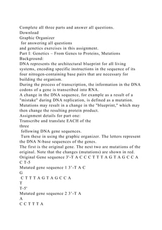 Complete all three parts and answer all questions.
Download
Graphic Organizer
for answering all questions
and genetics exercises in this assignment.
Part I: Genetics – From Genes to Proteins, Mutations
Background:
DNA represents the architectural blueprint for all living
systems, encoding specific instructions in the sequence of its
four nitrogen-containing base pairs that are necessary for
building the organism.
During the process of transcription, the information in the DNA
codons of a gene is transcribed into RNA.
A change in the DNA sequence, for example as a result of a
"mistake" during DNA replication, is defined as a mutation.
Mutations may result in a change in the "blueprint," which may
then change the resulting protein product.
Assignment details for part one:
Transcribe and translate EACH of the
three
following DNA gene sequences.
Turn these in using the graphic organizer. The letters represent
the DNA N-base sequences of the genes.
The first is the original gene. The next two are mutations of the
original. Note that the changes (mutations) are shown in red.
Original Gene sequence 3'-T A C C C T T T A G T A G C C A
C T-5
Mutated gene sequence 1 3’-T A C
G
C T T T A G T A G C C A
T
T-5'
Mutated gene sequence 2 3’-T A
A
C C T T T A
 