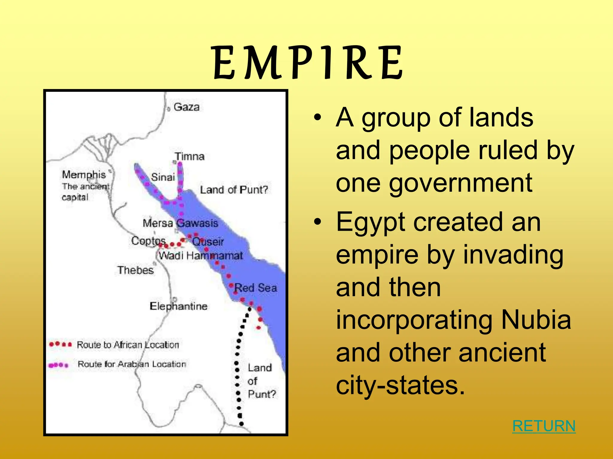 E M P I R E
• A group of lands
and people ruled by
one government
• Egypt created an
empire by invading
and then
incorporating Nubia
and other ancient
city-states.
RETURN
 