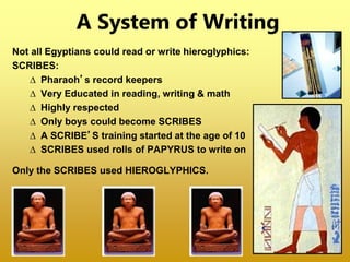 A System of Writing
Not all Egyptians could read or write hieroglyphics:
SCRIBES:
∆ Pharaoh’s record keepers
∆ Very Educated in reading, writing & math
∆ Highly respected
∆ Only boys could become SCRIBES
∆ A SCRIBE’S training started at the age of 10
∆ SCRIBES used rolls of PAPYRUS to write on
Only the SCRIBES used HIEROGLYPHICS.
 