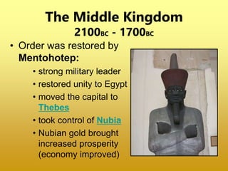 The Middle Kingdom
2100BC - 1700BC
• Order was restored by
Mentohotep:
• strong military leader
• restored unity to Egypt
• moved the capital to
Thebes
• took control of Nubia
• Nubian gold brought
increased prosperity
(economy improved)
 