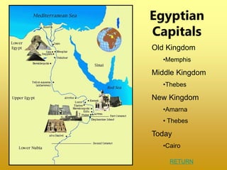 Egyptian
Capitals
Old Kingdom
•Memphis
Middle Kingdom
•Thebes
New Kingdom
•Amarna
• Thebes
Today
•Cairo
RETURN
 