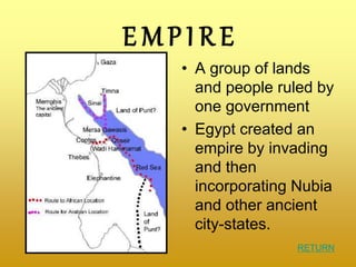 E M P I R E
• A group of lands
and people ruled by
one government
• Egypt created an
empire by invading
and then
incorporating Nubia
and other ancient
city-states.
RETURN
 