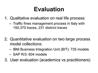 Evaluation
1. Qualitative evaluation on real life process:
– Traffic fines management process in Italy with
150,370 traces, 231 distinct traces
2. Quantitative evaluation on two large process
model collections:
– IBM Business Integration Unit (BIT): 735 models
– SAP R/3: 604 models
3. User evaluation (academics vs practitioners)
 