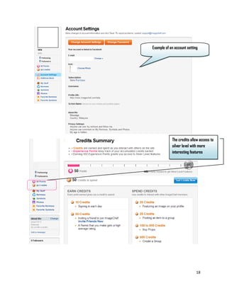 18
Example of an account setting
The credits allow access to
silver level with more
interesting features
 