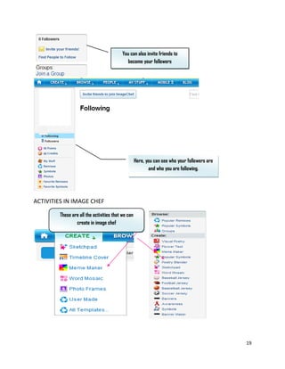 19
ACTIVITIES IN IMAGE CHEF
Here, you can see who your followers are
and who you are following.
You can also invite friends to
become your followers
These are all the activities that we can
create in image chef
 