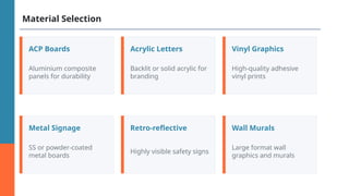 Material Selection
ACP Boards
Aluminium composite
panels for durability
Acrylic Letters
Backlit or solid acrylic for
branding
Vinyl Graphics
High-quality adhesive
vinyl prints
Metal Signage
SS or powder-coated
metal boards
Retro-reflective
Highly visible safety signs
Wall Murals
Large format wall
graphics and murals
 
