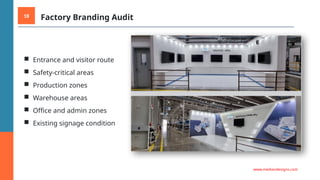 18 Factory Branding Audit
■ Entrance and visitor route
■ Safety-critical areas
■ Production zones
■ Warehouse areas
■ Office and admin zones
■ Existing signage condition
www.mediandesigns.com
 