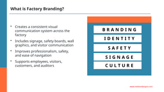 What is Factory Branding?
• Creates a consistent visual
communication system across the
factory
• Includes signage, safety boards, wall
graphics, and visitor communication
• Improves professionalism, safety,
and ease of navigation
• Supports employees, visitors,
customers, and auditors
www.mediandesigns.com
B R A N D I N G
I D E N T I T Y
S A F E T Y
S I G N A G E
C U L T U R E
 