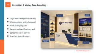 02 Reception & Visitor Area Branding
■ Logo wall / reception backdrop
■ Mission, vision and values wall
■ Product display area
■ Awards and certifications wall
■ Corporate video screen
■ Branded visitor badges
www.mediandesigns.com
 