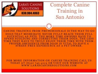 Complete Canine
                            Training in
                            San Antonio

CANINE TRAINING FROM PROFESSIONALS IS THE WAY TO GO
 DOGS THAT MISBEHAVE NEVER FULLY REACH THEIR FULL
  POTENTIAL AS PETS. THE MORE TIME OWNERS HAVE TO
SPEND SCOLDING AND CORRECTING THEIR DOGS, THE LESS
TIME THEY HAVE TO TRULY ENJOY THEIR TIME WITH THEM.
   PROPER OBEDIENCE FROM DOGS IS VITAL TO HAVE A
       STRESS-FREE EXPERIENCE AS A PET OWNER.




 FOR MORE INFORMATION ON CANINE TRAINING CALL US
   TODAY AT (830) 743-4119 OR VISIT OUR WEBSITE AT
         WWW.LARASCANINESOLUTIONS.COM
 