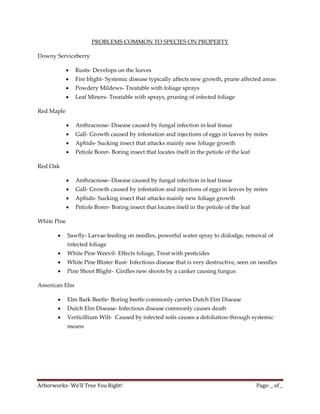 PROBLEMS COMMON TO SPECIES ON PROPERTY

Downy Serviceberry

                Rusts- Develops on the leaves
                Fire blight- Systemic disease typically affects new growth, prune affected areas
                Powdery Mildews- Treatable with foliage sprays
                Leaf Miners- Treatable with sprays, pruning of infected foliage

Red Maple

                Anthracnose- Disease caused by fungal infection in leaf tissue
                Gall- Growth caused by infestation and injections of eggs in leaves by mites
                Aphids- Sucking insect that attacks mainly new foliage growth
                Petiole Borer- Boring insect that locates itself in the petiole of the leaf

Red Oak

                Anthracnose- Disease caused by fungal infection in leaf tissue
                Gall- Growth caused by infestation and injections of eggs in leaves by mites
                Aphids- Sucking insect that attacks mainly new foliage growth
                Petiole Borer- Boring insect that locates itself in the petiole of the leaf

White Pine

            Sawfly- Larvae feeding on needles, powerful water spray to dislodge, removal of
             infected foliage
            White Pine Weevil- Effects foliage, Treat with pesticides
            White Pine Blister Rust- Infectious disease that is very destructive, seen on needles
            Pine Shoot Blight- Girdles new shoots by a canker causing fungus

American Elm

            Elm Bark Beetle- Boring beetle commonly carries Dutch Elm Disease
            Dutch Elm Disease- Infectious disease commonly causes death
            Verticillium Wilt- Caused by infected soils causes a defoliation through systemic
             means




Arborworks- We’ll Tree You Right!                                                              Page: _ of _
 