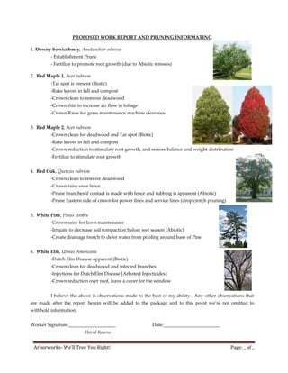 PROPOSED WORK REPORT AND PRUNING INFORMATING

1. Downy Serviceberry, Amelanchier arborea
         - Establishment Prune
         - Fertilize to promote root growth (due to Abiotic stresses)

2. Red Maple 1, Acer rubrum
         -Tar spot is present (Biotic)
         -Rake leaves in fall and compost
         -Crown clean to remove deadwood
         -Crown thin to increase air flow in foliage
         -Crown Raise for grass maintenance machine clearance


3. Red Maple 2, Acer rubrum
         -Crown clean for deadwood and Tar spot (Biotic)
         -Rake leaves in fall and compost
         -Crown reduction to stimulate root growth, and restore balance and weight distribution
         -Fertilize to stimulate root growth


4. Red Oak, Quercus rubrum
         -Crown clean to remove deadwood
         -Crown raise over fence
         -Prune branches if contact is made with fence and rubbing is apparent (Abiotic)
         -Prune Eastern side of crown for power lines and service lines (drop crotch pruning)


5. White Pine, Pinus strobes
         -Crown raise for lawn maintenance
         -Irrigate to decrease soil compaction before wet season (Abiotic)
         -Create drainage trench to defer water from pooling around base of Pine


6. White Elm, Ulmus Americana
         -Dutch Elm Disease apparent (Biotic)
         -Crown clean for deadwood and infected branches
         -Injections for Dutch Elm Disease [Arbotect Injecticides]
         -Crown reduction over roof, leave a cover for the window


         I believe the above is observations made to the best of my ability. Any other observations that
are made after the report herein will be added to the package and to this point we’re not omitted to
withhold information.


Worker Signature:____________________                      Date:________________________
                          David Kearns


 Arborworks- We’ll Tree You Right!                                                              Page: _ of _
 