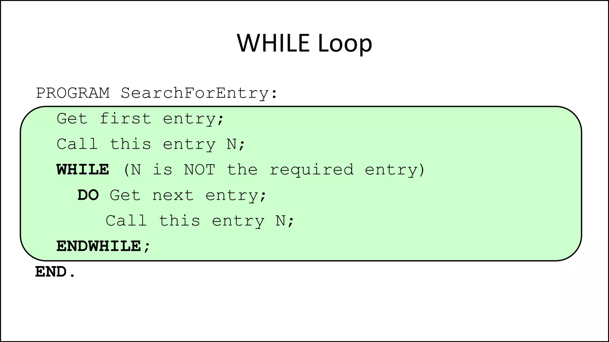 WHILE Loop
PROGRAM SearchForEntry:
Get first entry;
Call this entry N;
WHILE (N is NOT the required entry)
DO Get next entry;
Call this entry N;
ENDWHILE;
END.
 