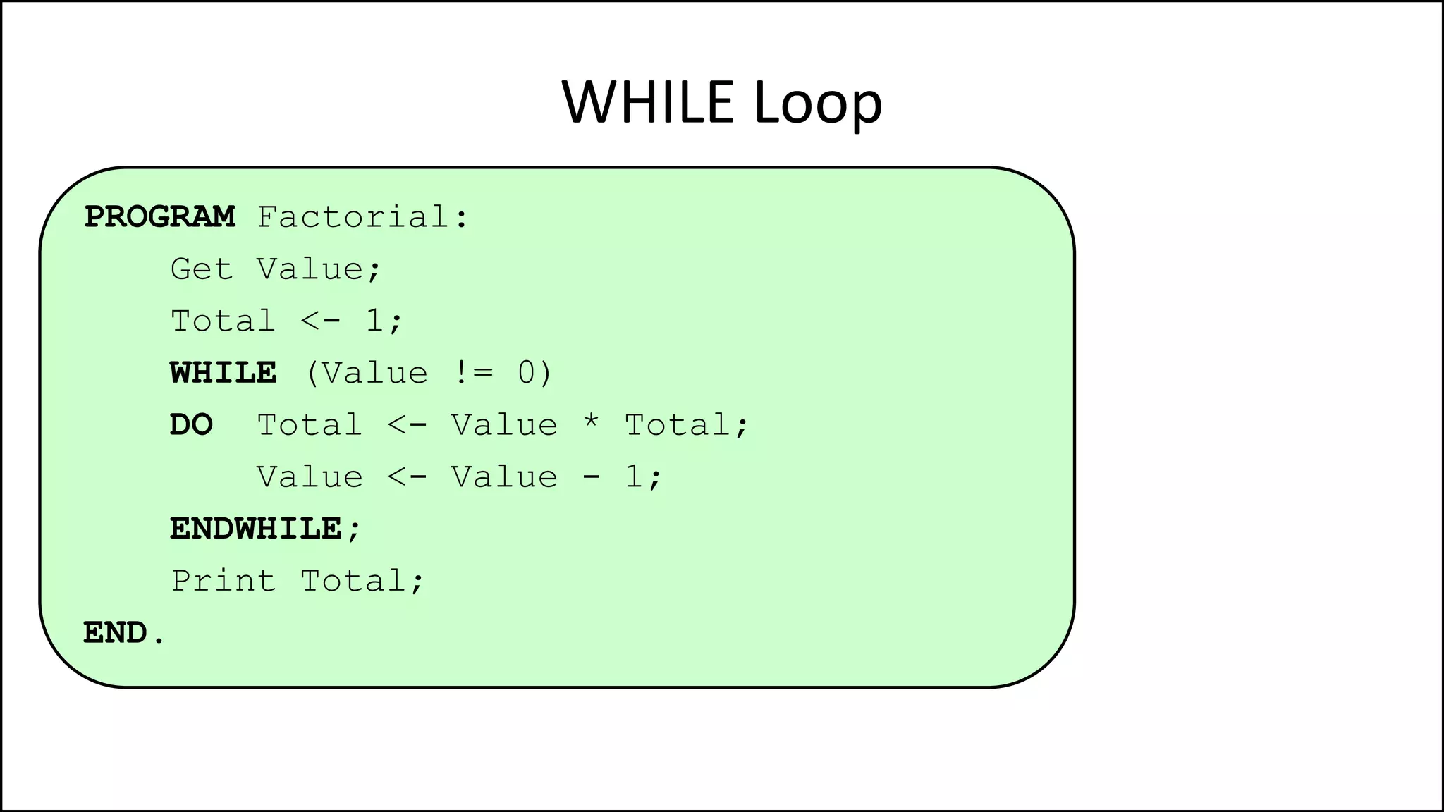 WHILE Loop
PROGRAM Factorial:
Get Value;
Total <- 1;
WHILE (Value != 0)
DO Total <- Value * Total;
Value <- Value - 1;
ENDWHILE;
Print Total;
END.
 
