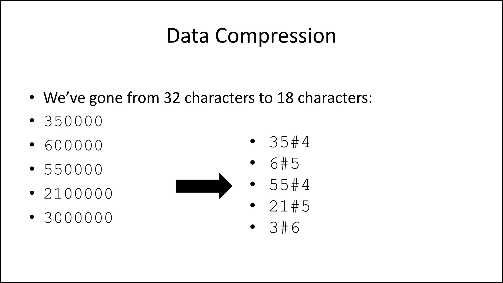 Data Compression
• We’ve gone from 32 characters to 18 characters:
• 350000
• 600000
• 550000
• 2100000
• 3000000
• 35#4
• 6#5
• 55#4
• 21#5
• 3#6
 