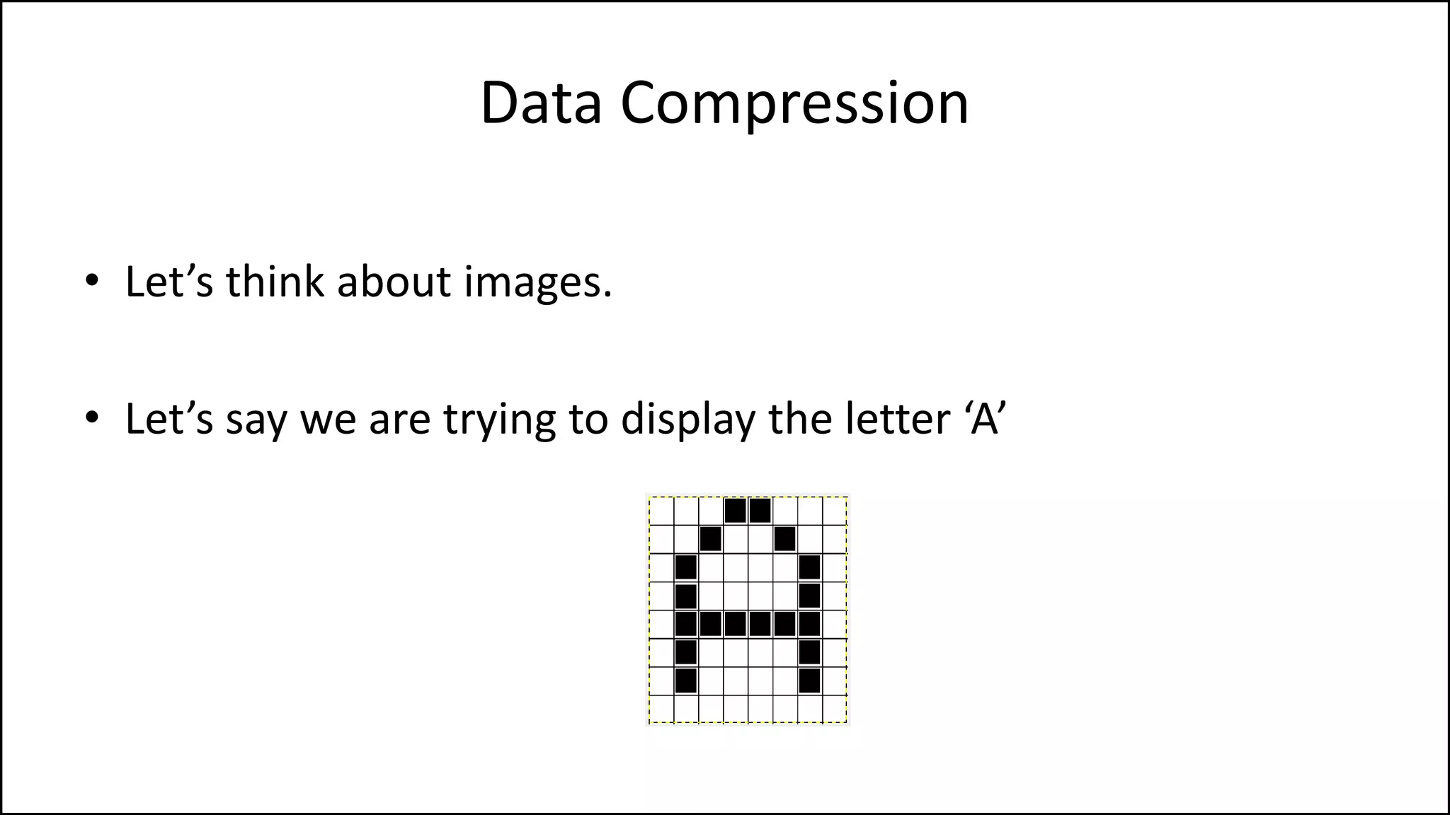 Data Compression
• Let’s think about images.
• Let’s say we are trying to display the letter ‘A’
 