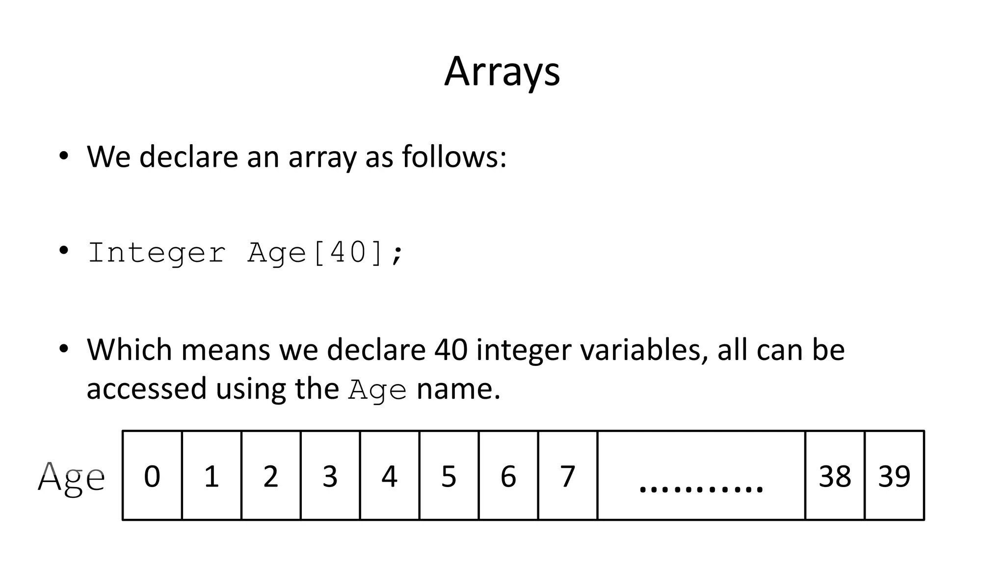 Arrays
• We declare an array as follows:
• Integer Age[40];
• Which means we declare 40 integer variables, all can be
accessed using the Age name.
0 1 2 3 4 5 6 397 ……..… 38
 