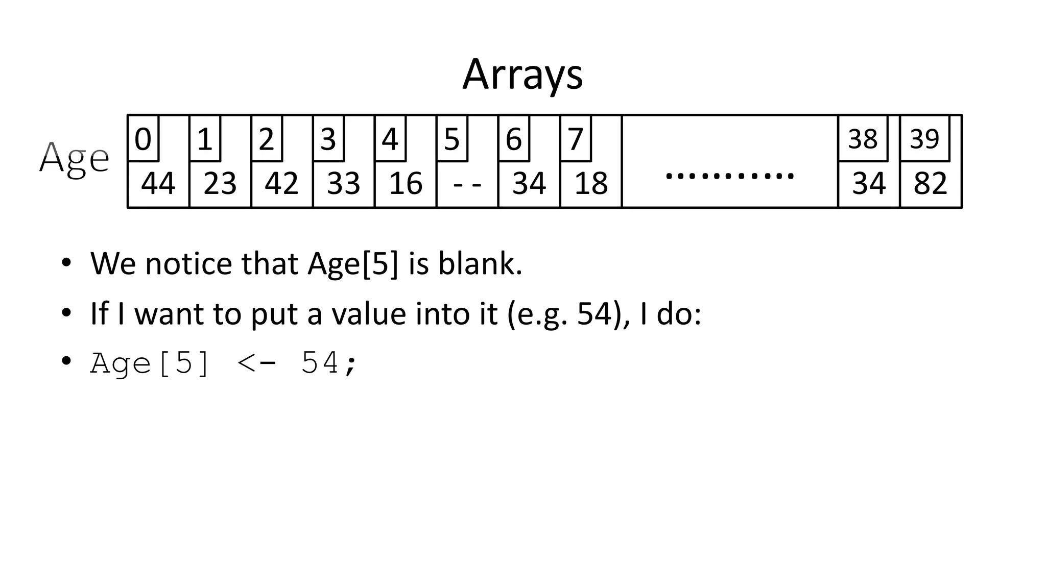 Arrays
44 23 42 33 16 - - 34 8218 ……..… 34
0 1 2 3 4 5 6 7 38 39
• We notice that Age[5] is blank.
• If I want to put a value into it (e.g. 54), I do:
• Age[5] <- 54;
 