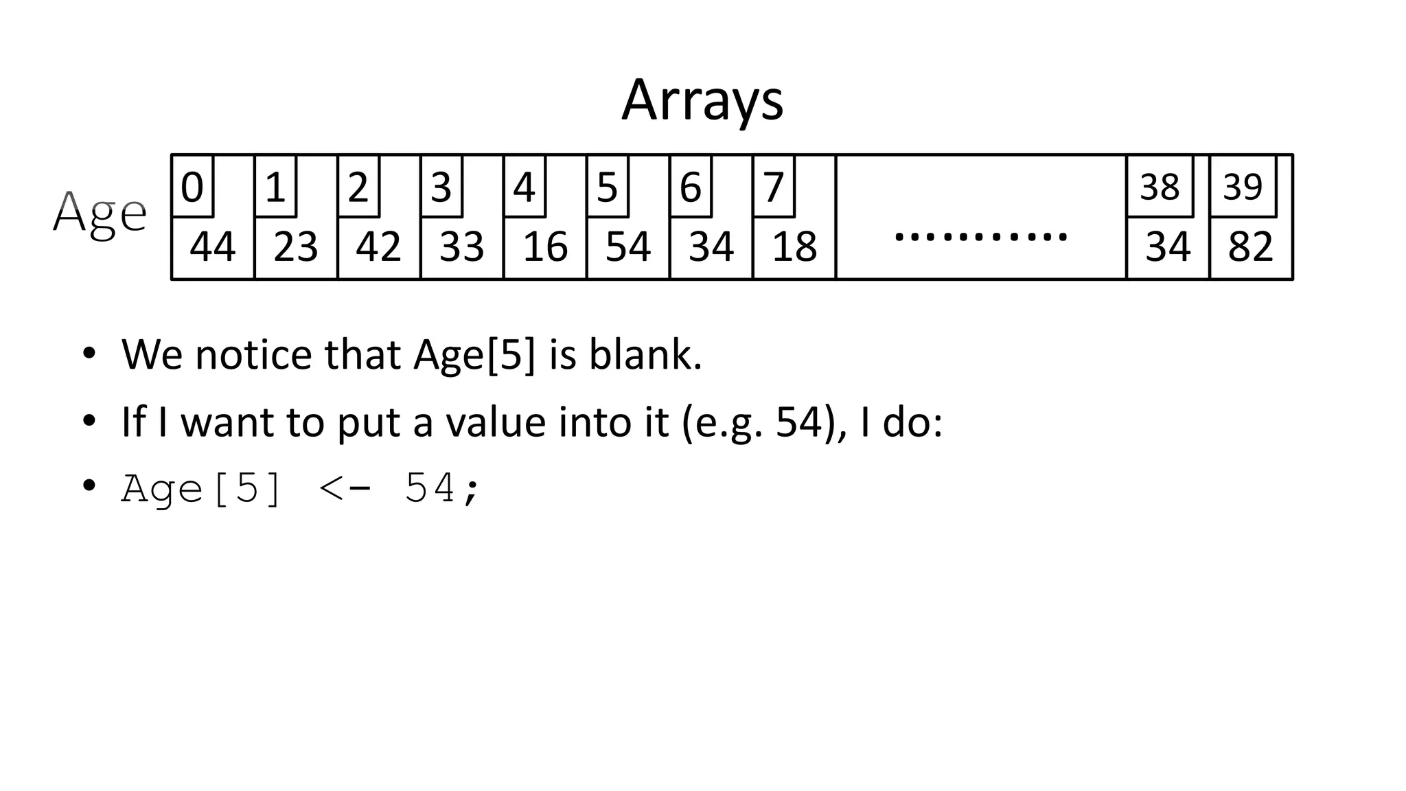 Arrays
44 23 42 33 16 54 34 8218 ……..… 34
0 1 2 3 4 5 6 7 38 39
• We notice that Age[5] is blank.
• If I want to put a value into it (e.g. 54), I do:
• Age[5] <- 54;
 