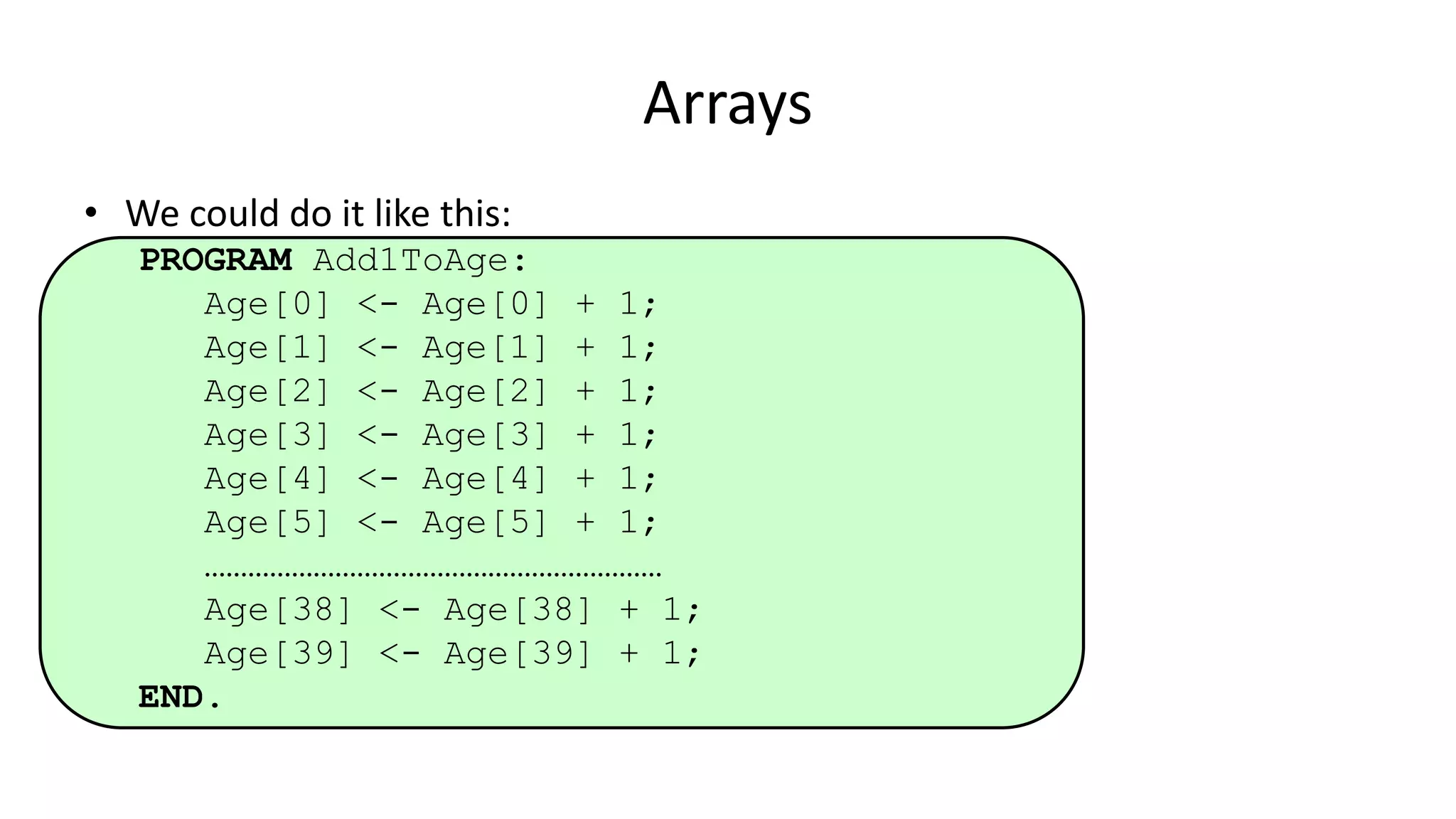 Arrays
• We could do it like this:
PROGRAM Add1ToAge:
Age[0] <- Age[0] + 1;
Age[1] <- Age[1] + 1;
Age[2] <- Age[2] + 1;
Age[3] <- Age[3] + 1;
Age[4] <- Age[4] + 1;
Age[5] <- Age[5] + 1;
………………………………………………………
Age[38] <- Age[38] + 1;
Age[39] <- Age[39] + 1;
END.
 