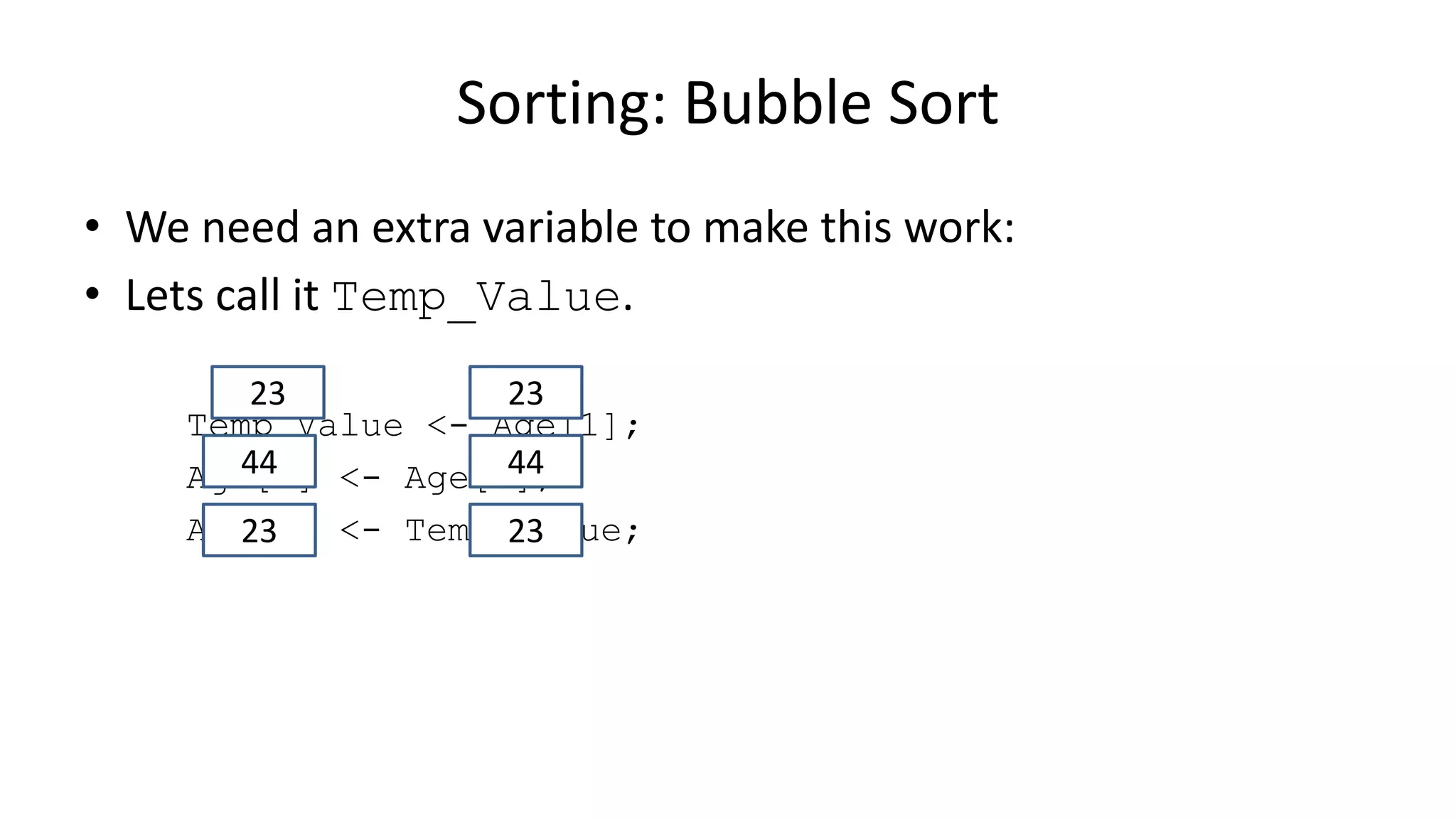 • We need an extra variable to make this work:
• Lets call it Temp_Value.
Temp_Value <- Age[1];
Age[1] <- Age[0];
Age[0] <- Temp_Value;
Sorting: Bubble Sort
2323
4444
2323
 