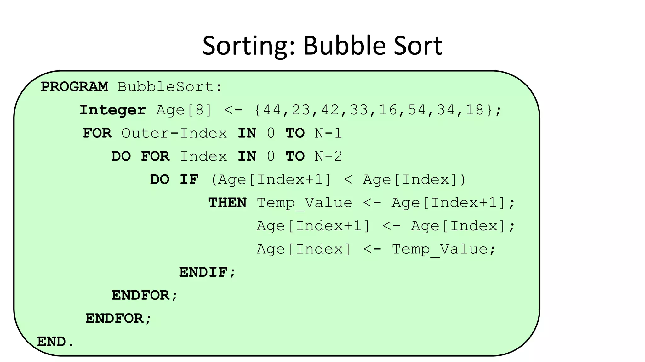 PROGRAM BubbleSort:
Integer Age[8] <- {44,23,42,33,16,54,34,18};
FOR Outer-Index IN 0 TO N-1
DO FOR Index IN 0 TO N-2
DO IF (Age[Index+1] < Age[Index])
THEN Temp_Value <- Age[Index+1];
Age[Index+1] <- Age[Index];
Age[Index] <- Temp_Value;
ENDIF;
ENDFOR;
ENDFOR;
END.
Sorting: Bubble Sort
 
