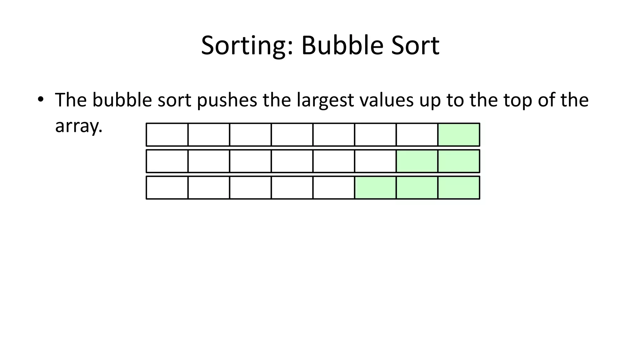 Sorting: Bubble Sort
• The bubble sort pushes the largest values up to the top of the
array.
 