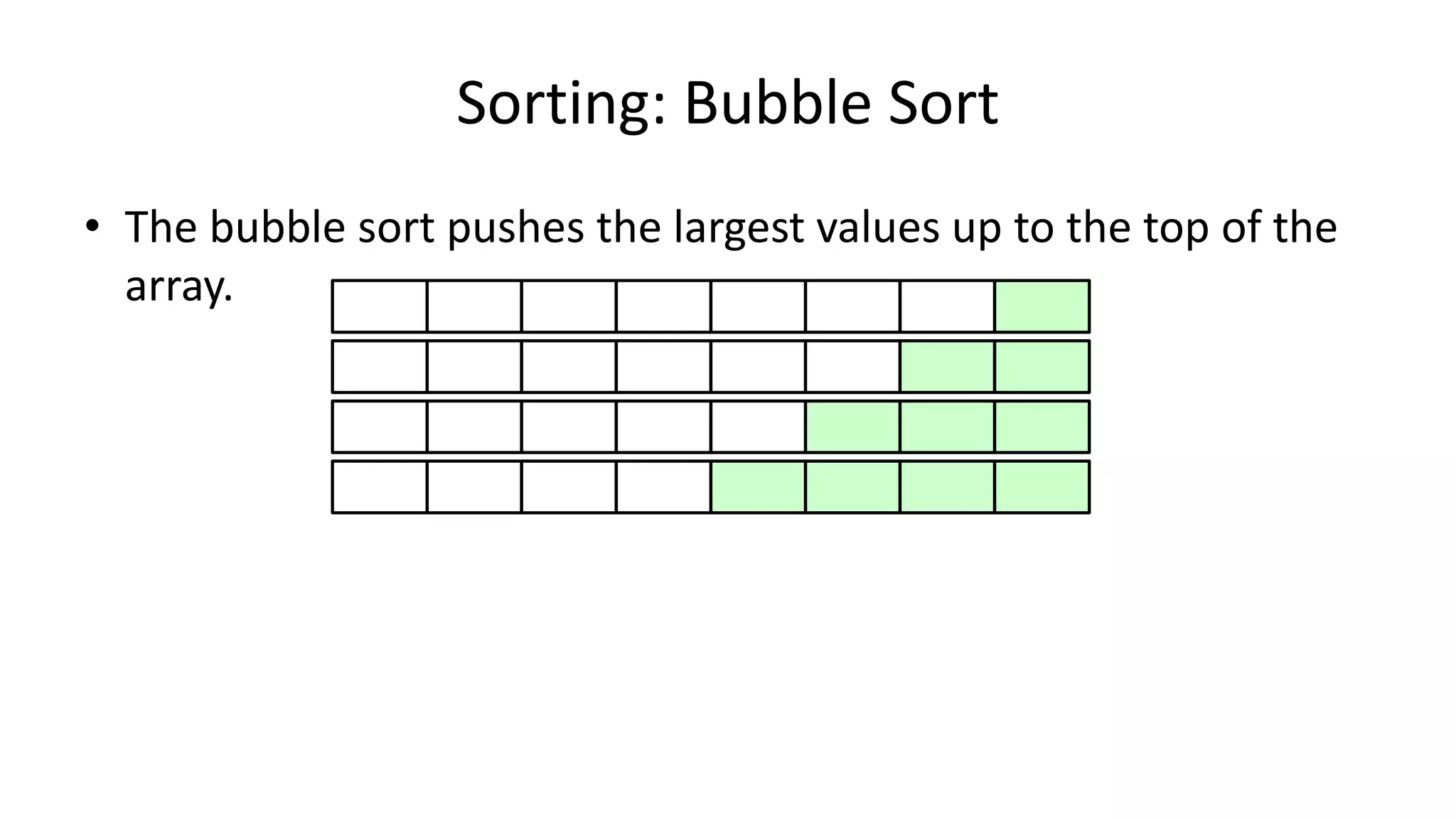 Sorting: Bubble Sort
• The bubble sort pushes the largest values up to the top of the
array.
 