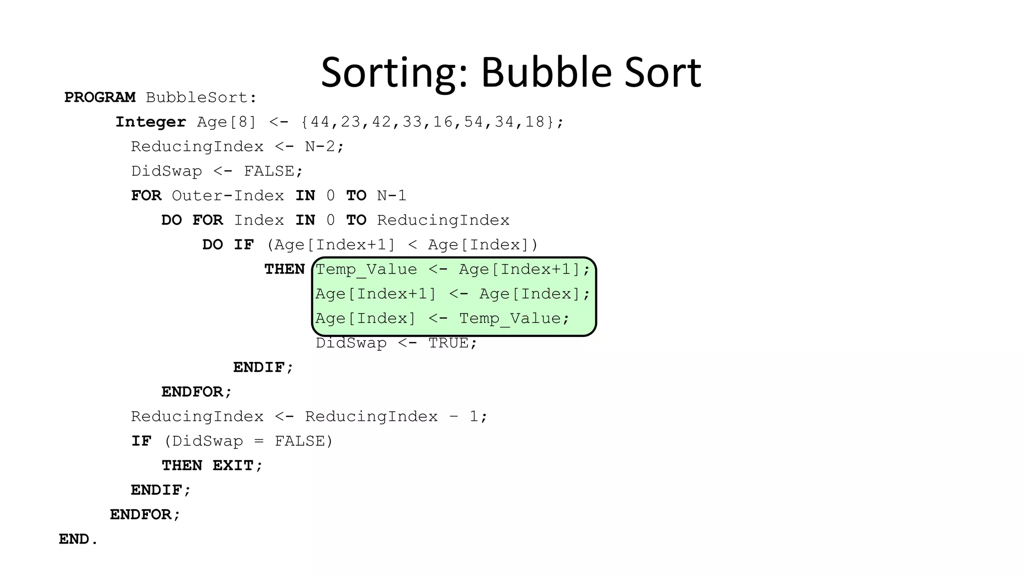 PROGRAM BubbleSort:
Integer Age[8] <- {44,23,42,33,16,54,34,18};
ReducingIndex <- N-2;
DidSwap <- FALSE;
FOR Outer-Index IN 0 TO N-1
DO FOR Index IN 0 TO ReducingIndex
DO IF (Age[Index+1] < Age[Index])
THEN Temp_Value <- Age[Index+1];
Age[Index+1] <- Age[Index];
Age[Index] <- Temp_Value;
DidSwap <- TRUE;
ENDIF;
ENDFOR;
ReducingIndex <- ReducingIndex – 1;
IF (DidSwap = FALSE)
THEN EXIT;
ENDIF;
ENDFOR;
END.
Sorting: Bubble Sort
 