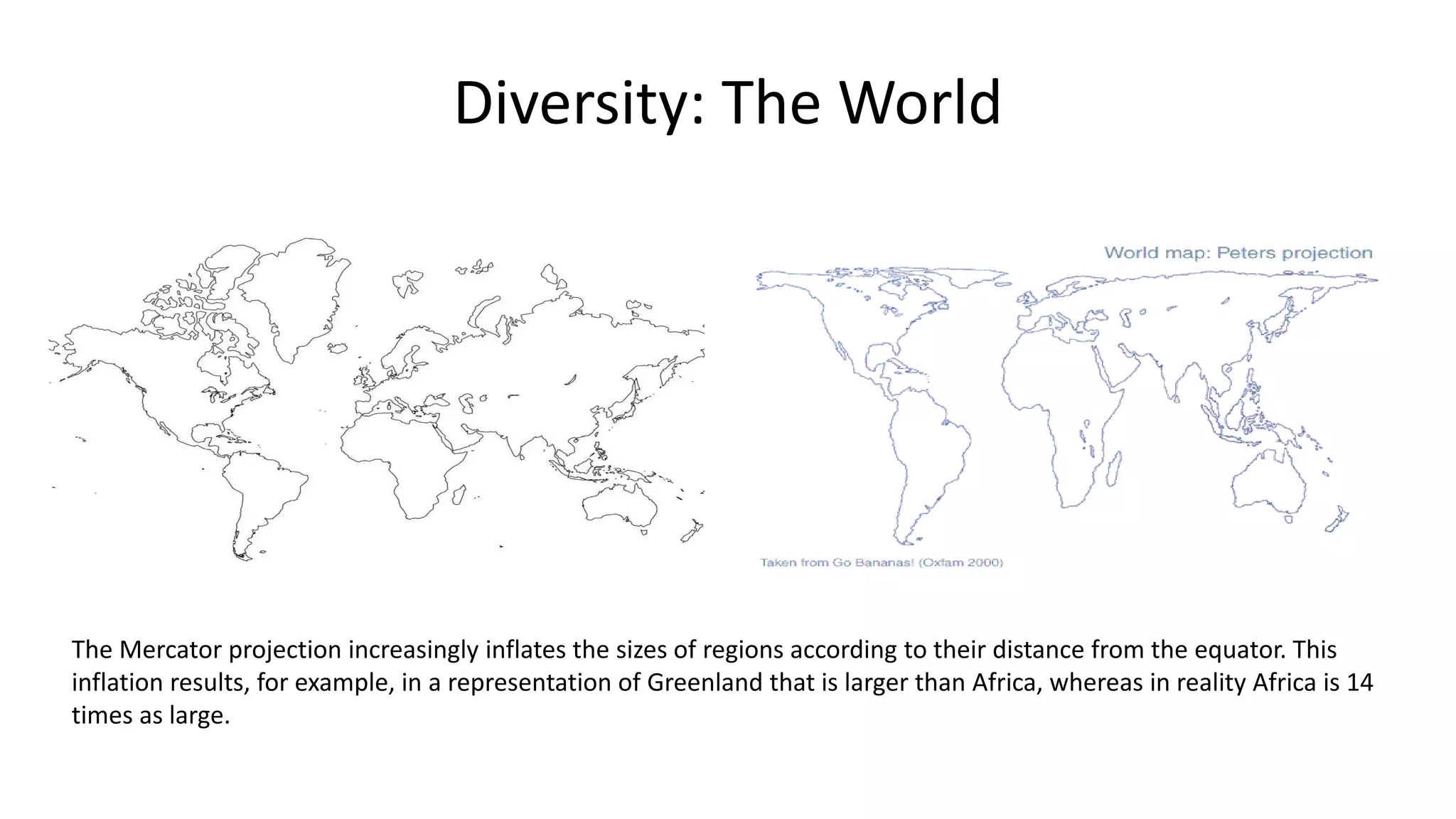 Diversity: The World
The Mercator projection increasingly inflates the sizes of regions according to their distance from the equator. This
inflation results, for example, in a representation of Greenland that is larger than Africa, whereas in reality Africa is 14
times as large.
 