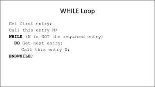 WHILE Loop
Get first entry;
Call this entry N;
WHILE (N is NOT the required entry)
DO Get next entry;
Call this entry N;
ENDWHILE;
 