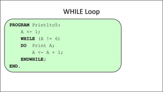 WHILE Loop
PROGRAM Print1to5:
A <- 1;
WHILE (A != 6)
DO Print A;
A <- A + 1;
ENDWHILE;
END.
 