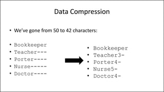 Data Compression
• We’ve gone from 50 to 42 characters:
• Bookkeeper
• Teacher---
• Porter----
• Nurse-----
• Doctor----
• Bookkeeper
• Teacher3-
• Porter4-
• Nurse5-
• Doctor4-
 