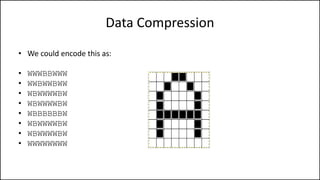 Data Compression
• We could encode this as:
• WWWBBWWW
• WWBWWBWW
• WBWWWWBW
• WBWWWWBW
• WBBBBBBW
• WBWWWWBW
• WBWWWWBW
• WWWWWWWW
 